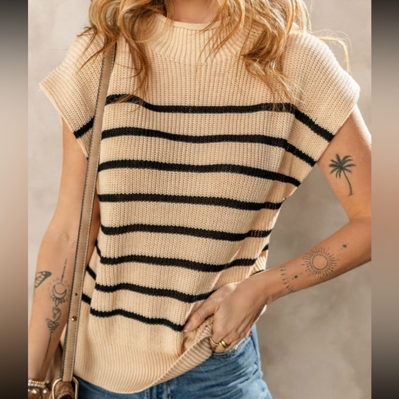 Tan & Black Striped Short Sleeve Ribbed Sweater Knit Top, High Collar - Picture 2 of 13